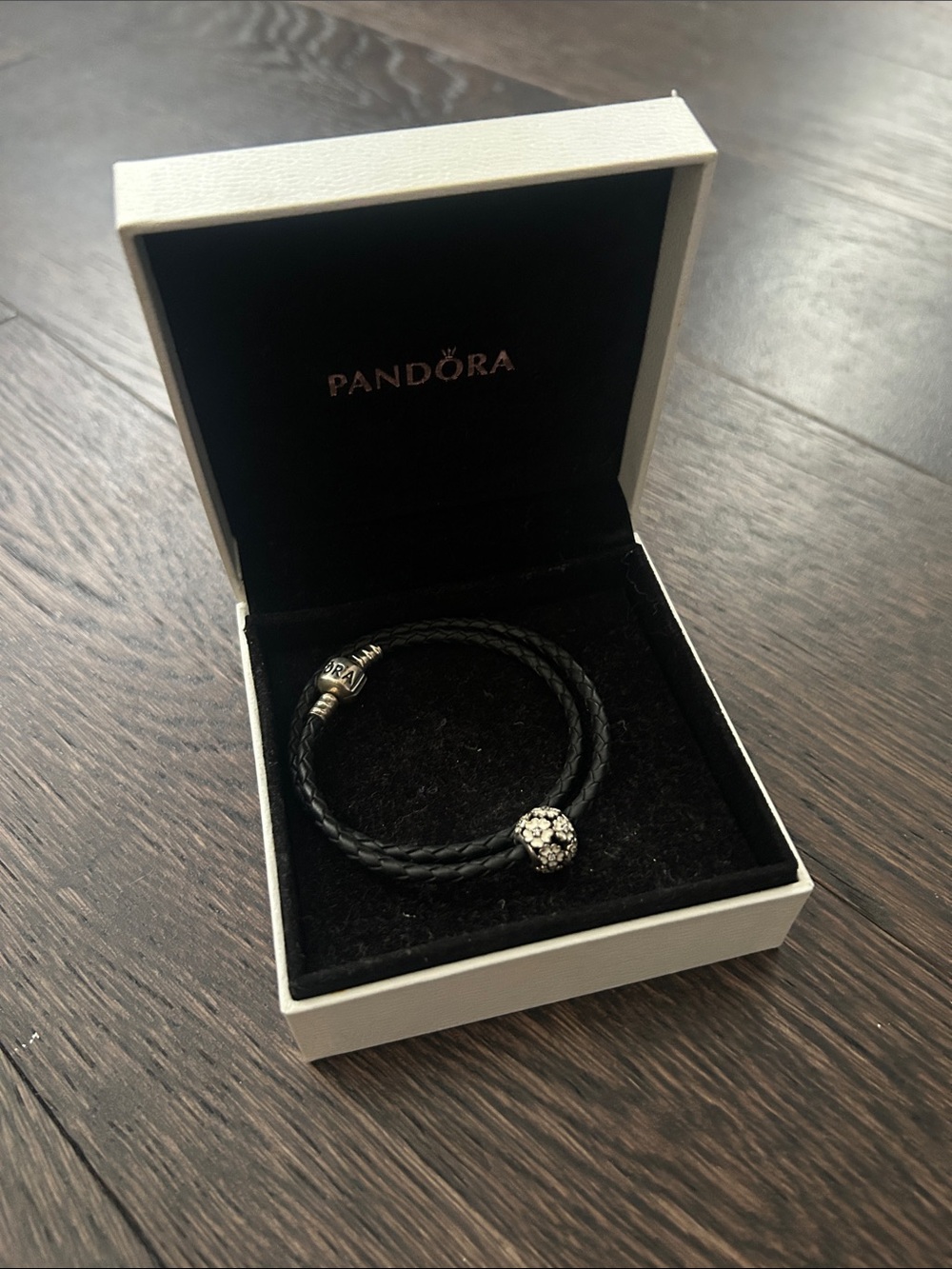 Pandora silver/black jeweled charm bracelet - new with box leather necklace